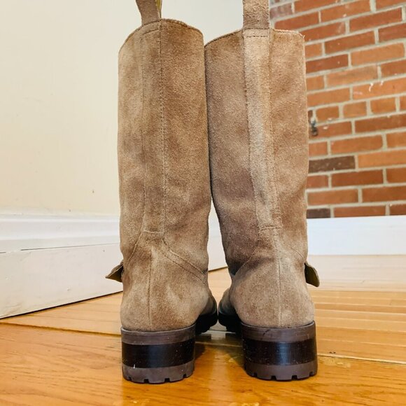 Ralph Lauren Motorcycle Boots Mid Calf Tan Suede Pull On Lug Soles - Picture 8 of 16